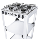 Parrilla de gas 4 quemadores con estante blanco armable con cubierta de acero inoxidable AlfaMex