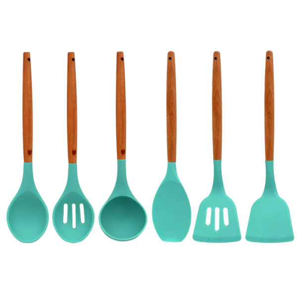 Juego De Utensilios De Cocina Con Base (Silicón / Madera)