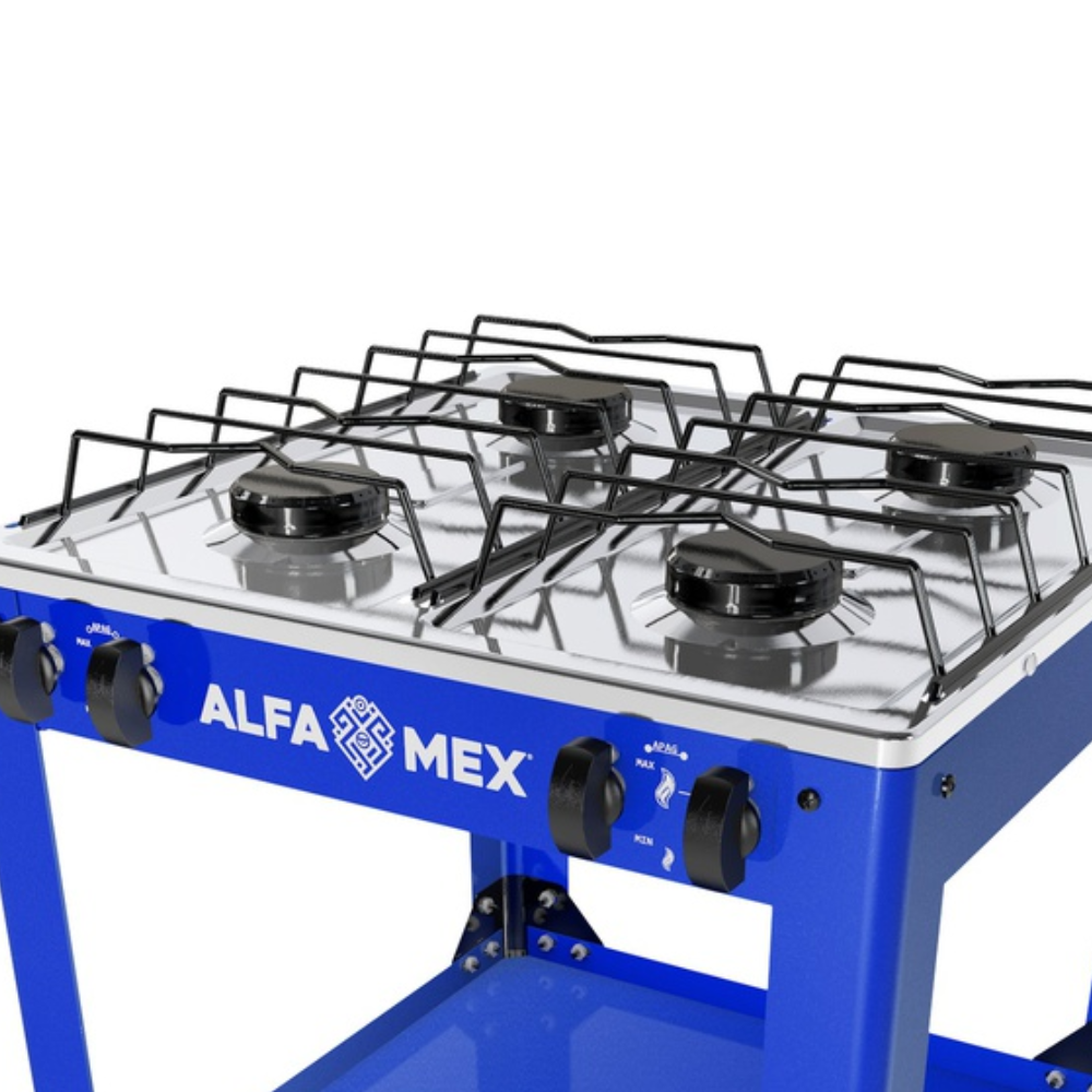 Parrilla de gas 4 quemadores con estante azul armable con cubierta de acero inoxidable AlfaMex