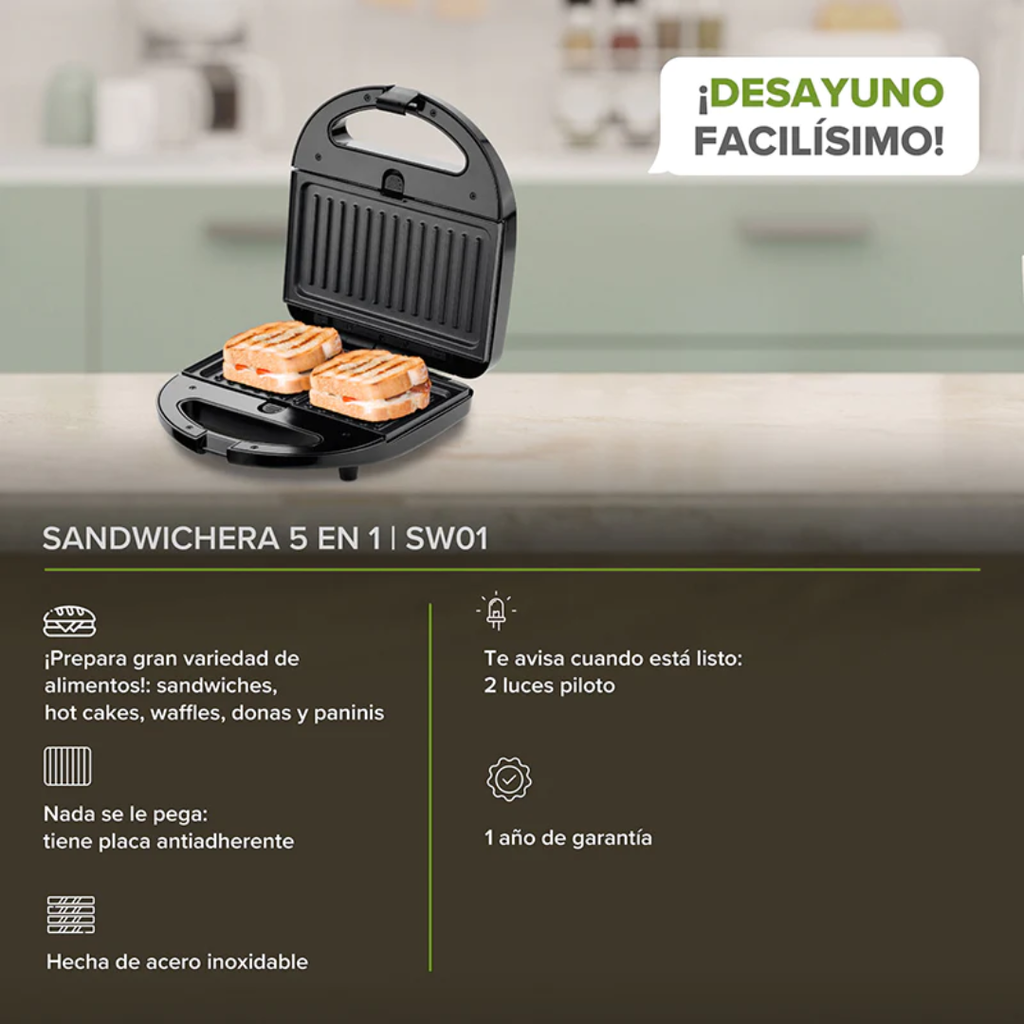 Sandwichera con 5 moldes diferentes para cocción Avera @