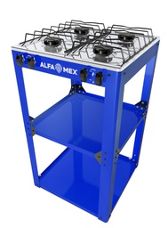 [1542126] Parrilla de gas 4 quemadores con estante azul armable con cubierta de acero inoxidable AlfaMex